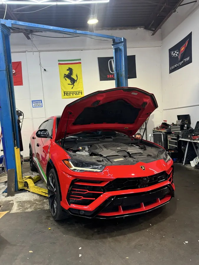 Red BMW with hood up being serviced